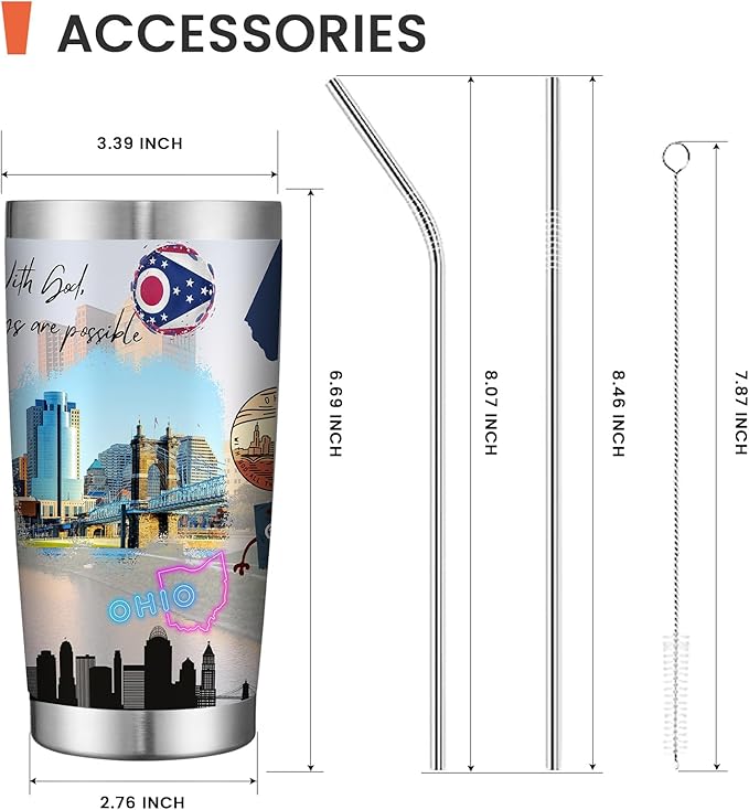 20oz Insulated Tumbler Ohio State Coffee Mug, United States Map Travel Mug Landmark, Birthday Gifts Cute Custom Tumbler Cups with Lid and Straw Gifts for Mom