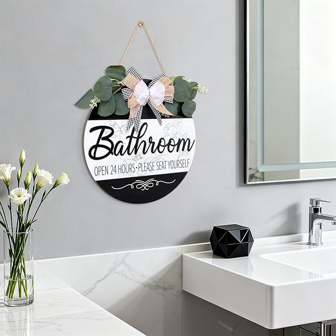 CHDITB Bathroom Wall Decor, Funny Bathroom Wooden Wreath Sign, Rustic Round Humorous Wood Hanging Plaque, Open 24 Hours Please Seat Yourself Door Signs, Modern Farmhouse Hanger for Restroom Toilet