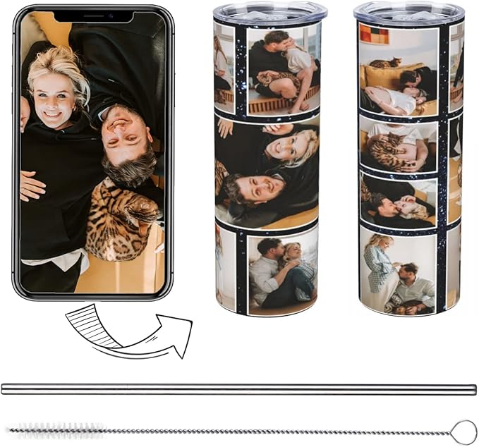 Personalized Custom tumbler Coffee Mug with Lid and Straw Hot and Cold Stainless Steel Vacuum Insulated Travel Mug with Photo Personalized tumbler Gift (20 oz, Cylinder, 9 photos)