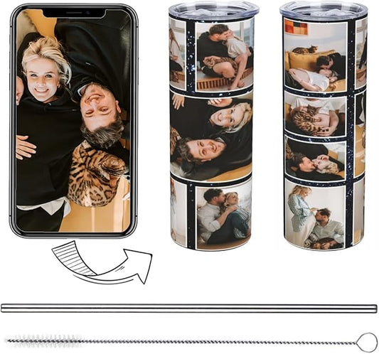 Personalized Custom tumbler Coffee Mug with Lid and Straw Hot and Cold Stainless Steel Vacuum Insulated Travel Mug with Photo Personalized tumbler Gift (20 oz, Cylinder, 9 photos)
