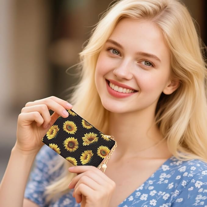 Sunflower Keychain Coin Purse for Women, Small PU Leather Change Pouch, Zipper Little Tiny Travel Wallet for Girls, Cute Kawaii Zip Pocket Coin Holder with Key Ring