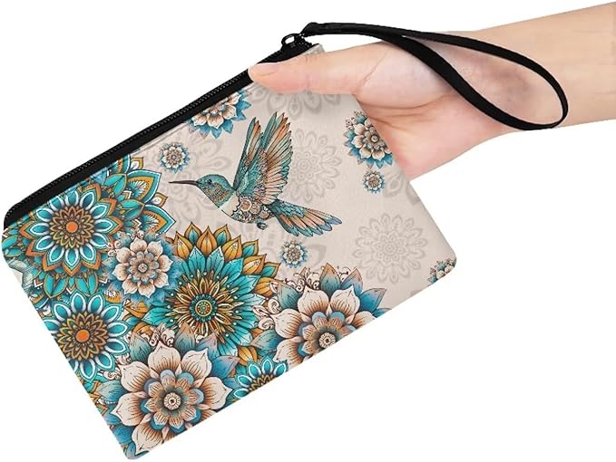 Dolyues Hummingbird Coin Purse Wallets with Zipper Wrist Strap Small Change Pouch Clutch Wallet for Women Card Purses Phone Bag Coins Organizer Bags