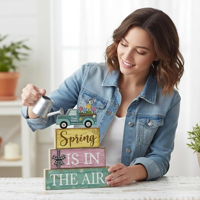 4 Pcs Spring Table Decor Wooden Blue Truck Decoration Flower Centerpiece Spring Tiered Tray Decor Decorative Colorful Flower Block Signs Gift Farmhouse Decoration for Home Kitchen