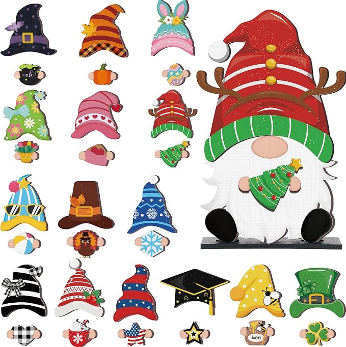 Blulu 32 Pcs Christmas Interchangeable Wooden Gnome Decor DIY Holiday Christmas Seasonal Tiered Tray Decoration Gnomes with Magnet Pieces Welcome Sign for Xmas Holiday Decorations (Cute)