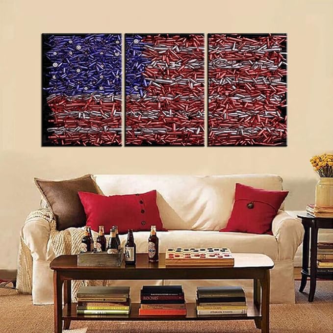 American Flag Wall Decor Bullets USA Flags Red Pictures for Living Room Premium Quality Artwork House Decoration 3 Panel Canvas Patriot Wall Art Framed Ready to Hang Posters and Prints(48''Wx24''H)