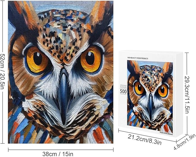 Owl Oil Painting Wooden Puzzle 500 Pieces Jigsaw Puzzles for Adults Puzzle Educational Toys Challenging Fun Games Gifts for Elders Kids Family and Friends