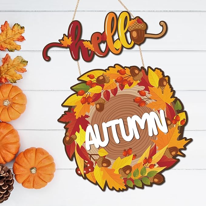 CHDITB Hello Autumn Wooden Sign, Fall Themed Wooden Hanging Plaque, Hello Fall Front Door Hanger, Maple Leaves Wall Art Sign Farmhouse Thanksgiving Living Room Bedroom Office Wall Decor