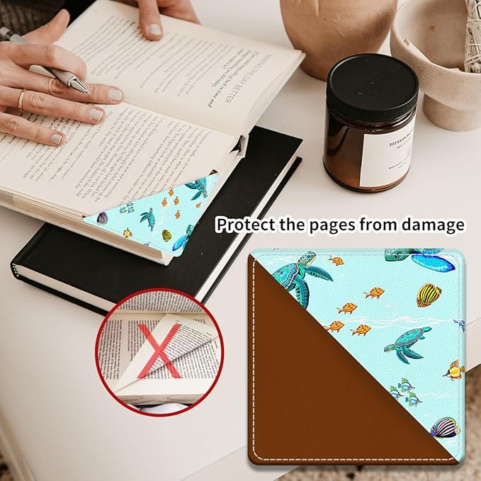Cute Leather Bookmarks, Fun Triangle Making Corner Bookmark, Book Accessories for Reading Book Lovers, Unbreakable Page Markers for Women Men Cute Sea Turtle