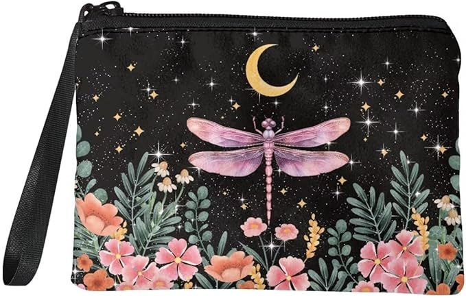 Dolyues Dragonfly Print Coin Purse Tote Change Pouch Zipper Clutch for Women Moon Pattern Coin Bag Travel Wallet Money Organizer Card Holder, Black