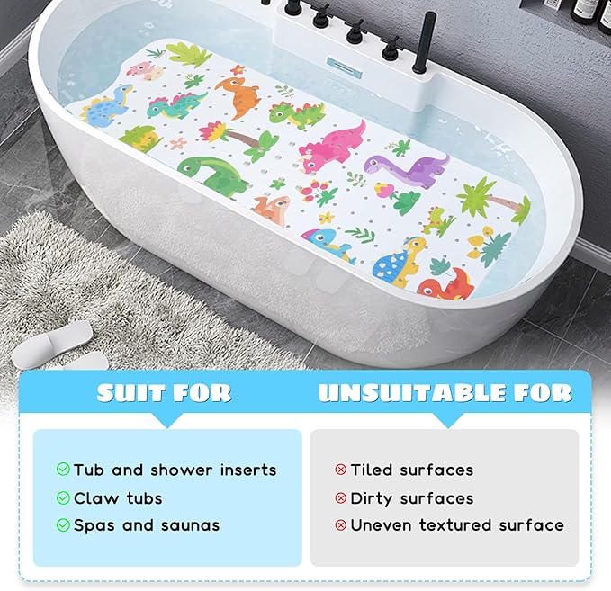 Baby Bath Mat for Tub Non Slip Kids Bathtub Mat Extra Long 40X16 Inch Toddler Bath Tub Shower Mat Anti Slip with Suction Cups & Drain Holes, Machine Washable (Forest Dinosaur)