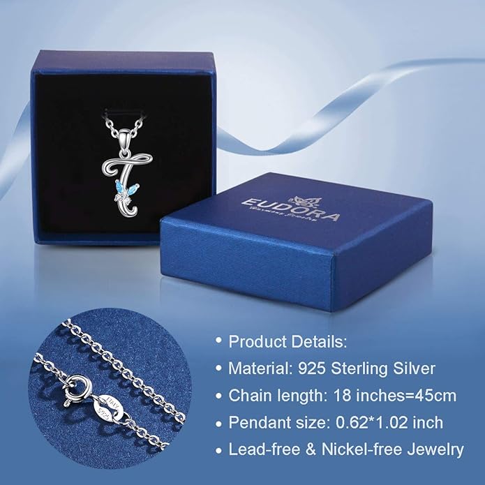 EUDORA Sterling Silver Butterfly Initial Necklaces for Women, Elegant Letter Neckles Personalized Gift for Mother, Sister, Daughter, 18 inch Chai