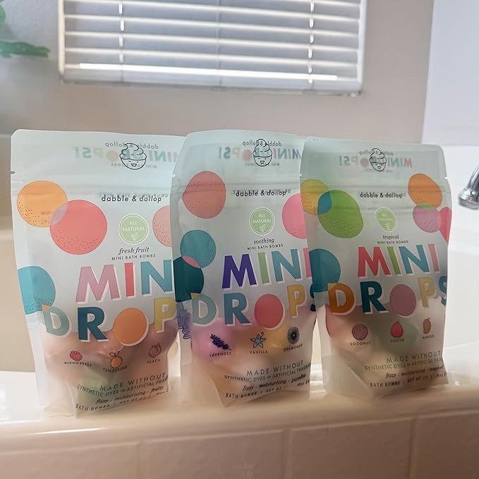 Dabble & Dollop Mini Bath Bombs, 100% Natural Droplets for Kids, Variety Pack - Resealable Pouches, Fizzy, Moisturizing & Fun, Vegan, Gluten-Free, Cruelty-Free (Set of 36)