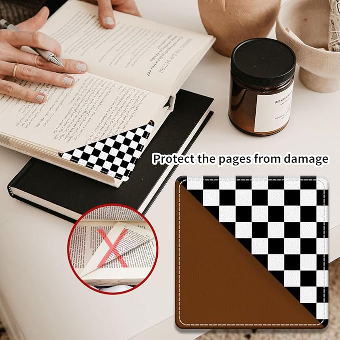 Cute Leather Bookmarks, Fun Triangle Making Corner Bookmark, Book Accessories for Reading Book Lovers, Unbreakable Page Markers for Women Men Black White Plaid
