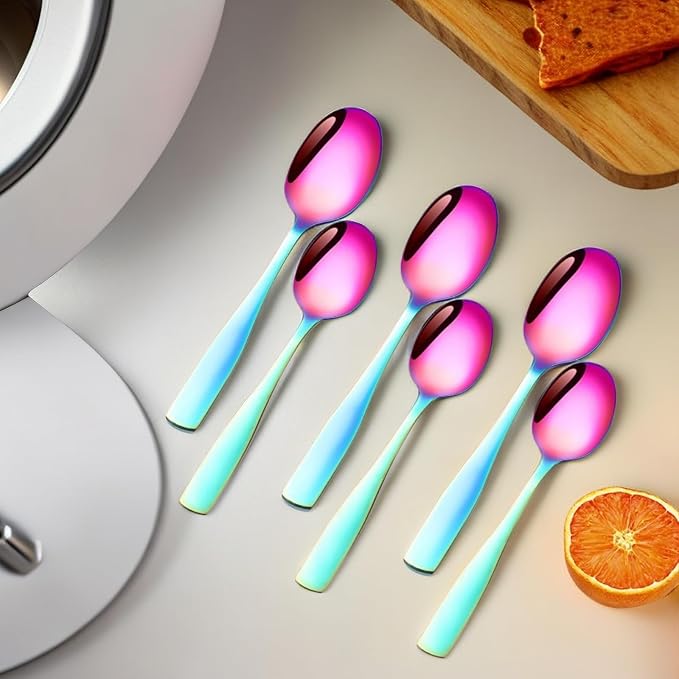 Rainbow Teaspoon Set of 6, 6 inches Mini Stainless Steel Silverware Dessert Spoons Espresso Spoons for Home, Kitchen, Restaurant, Mirror Finish and Dishwasher Safe