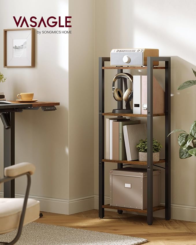 VASAGLE 4-Tier Bookshelf, Bookcase with Steel Frame, Book Shelf for Living Room, Home Office, Study, 9.4 x 15.7 x 42 Inches, Industrial Style, Rustic Brown and Ink Black ULLS099B01