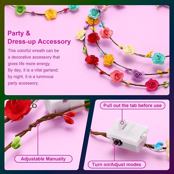 Valentines Day Gifts, 54 PCS New Year LED Flower Crowns Headbands, Light Up Flower Crowns For Women, Glow in the Dark Headband for Wedding Reception Mardi Gras Cosplay Princess Party Favors