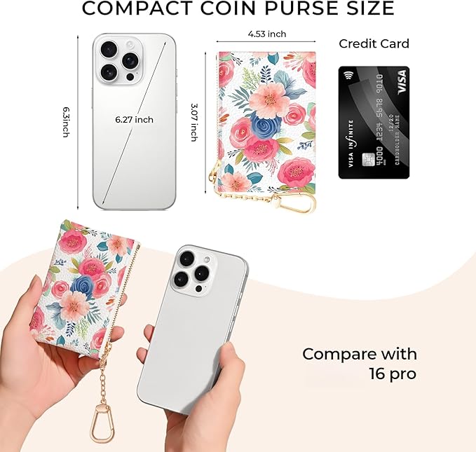 Watercolor Floral Keychain Coin Purse for Women, Small PU Leather Change Pouch, Zipper Little Tiny Travel Wallet for Girls, Cute Kawaii Zip Pocket Coin Holder with Key Ring