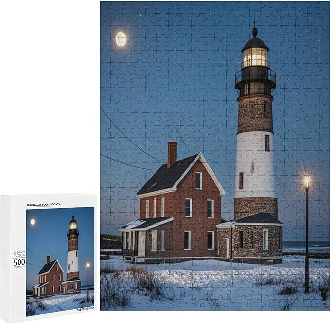 Puzzles for Adults 500 Pieces Wooden Jigsaw Puzzle - Lighthouse Near Building Winter Theme Puzzle，Party Games，Family Toys，Educational Puzzles，Stress Relief Wooden Puzzle，Gifts for Family and Friends