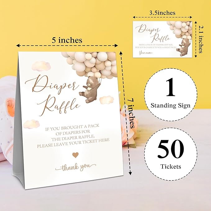 Baby Shower Diaper Raffle Game Set - Watercolor Teddy Bear 1 Standing Sign & 50 Diaper Raffel Tickets - Baby Announcement, Gender Reveal Party Activities & Decorations For Boys, Girls - A06