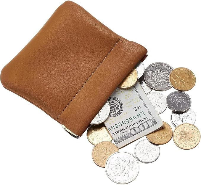 Squeeze Coin Purse Genuine Leather Wallet Compact Change Holder Travel Pouch for Women Gift Box (Brown)