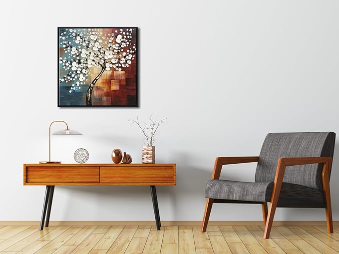 Wieco Art Framed Art Morning Glory Modern Abstract White Flowers Oil Paintings on Canvas Wall Art Floral Artwork for Living Room Bedroom Home Office Decorations Wall Decor