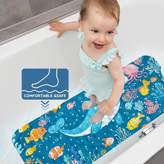 LNOND Bath Mat for Tub for Kids, Boy Toddler Bathtub mat Non Slip, Ocean Fish Kids Bath Mats for Bathroom Non Slip with Drain Holes and Suction Cups,Machine Washable (40 X 16 Inch)