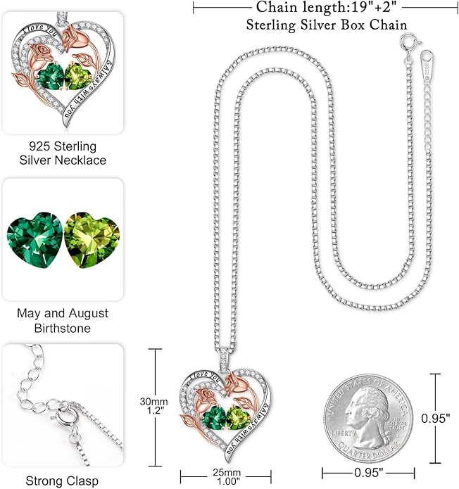 Iefil Valentines Day Gifts for Her - 925 Sterling Silver Rose Heart Birthstone Necklace Birthday Anniversary Jewelry Gifts for Her Wife Mom Daughter