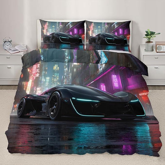 Supercar Duvet Cover King Size Sports Car Bedding Set Sci-Fi Racing Car Comforter Set Neon Cityscape Comforter Cover with Zipper Ties for Bedroom