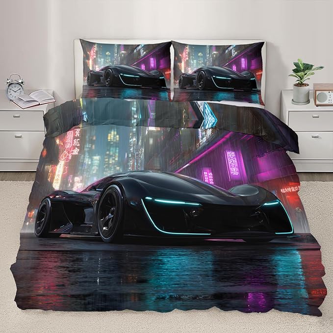 Supercar Duvet Cover Oversized King Sports Car Bedding Set Sci-Fi Racing Car Comforter Set Neon Cityscape Quilt Cover with Zipper Ties for Bedroom