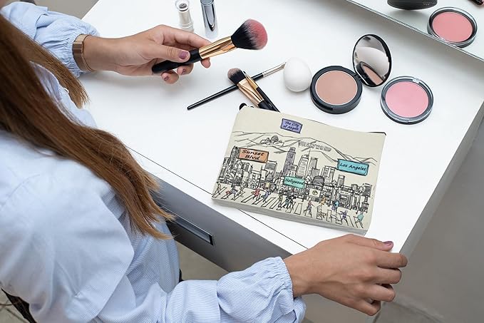 Cities Around the World Artwork Cosmetic Bag Series – Designed in USA, Travel Makeup Bag with Zipper, Souvenir Gift for Women, Artwork Organizer for Purse or Toiletry (Los Angeles)