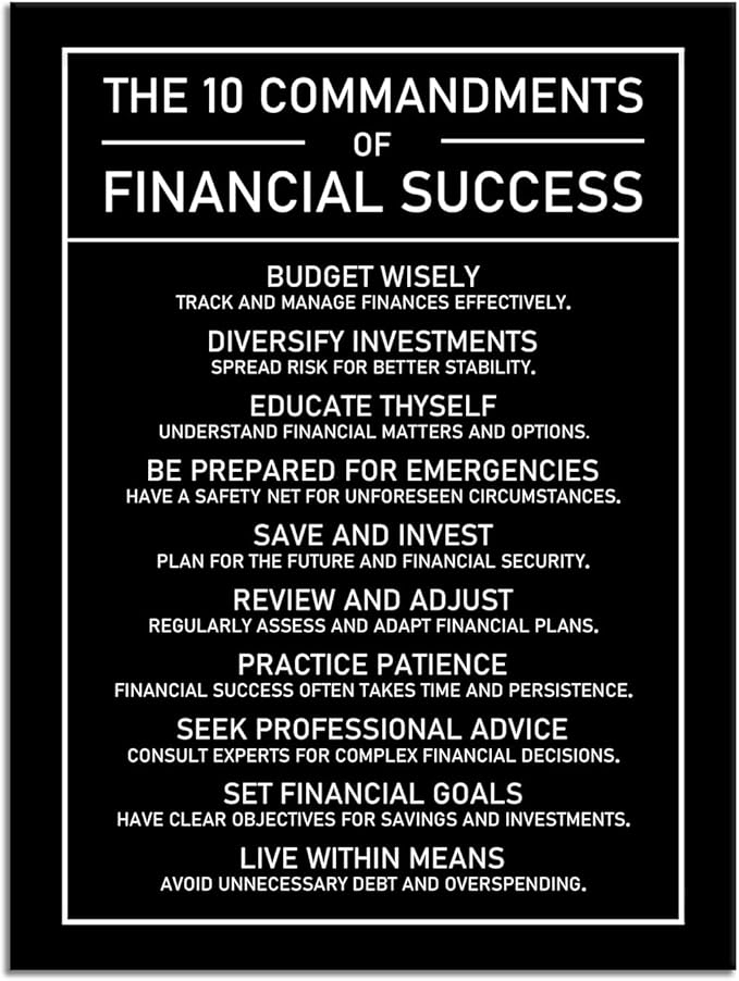 Financial Management Quote Inspirational Canvas Wall Art Motivational The 10 Commandments Of Financial Success Poster Painting Prints for Living Room Office Home Decor Framed Artwork [30''W x 40''H]