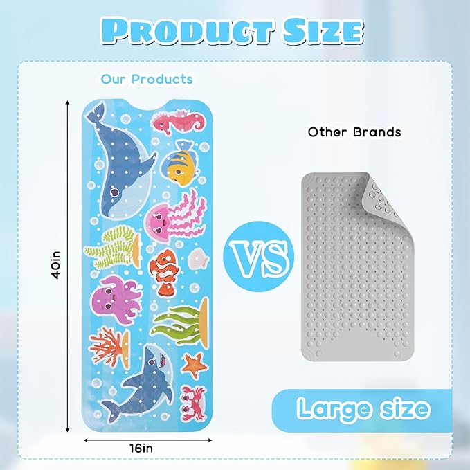 Baby Bath Mat for Tub Non Slip Kids Bathtub Mat Extra Long 40X16 Inch Toddler Bath Tub Shower Mat Anti Slip with Suction Cups & Drain Holes, Machine Washable (Whale Shark)