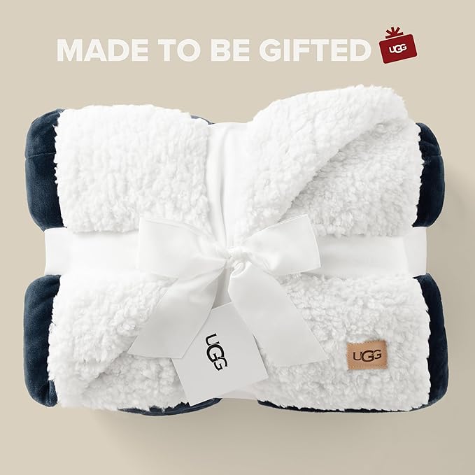 UGG Nita Throw Blanket Soft Reversible Plush Throw for Couch or Bed Washable Warm Fluffy Blanket for College Dorm Room Essentials and Bedding with Down Alternative Fill, 50-inch x 70-inch, Navy Blue