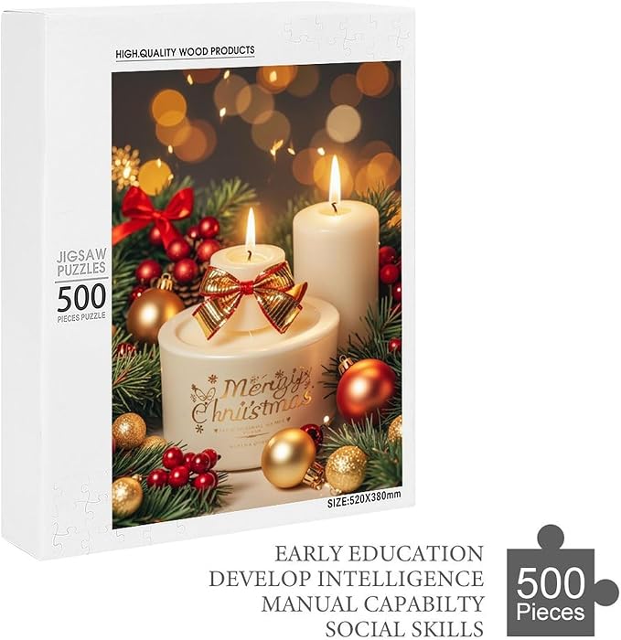 Jigsaw Puzzles for Adults 500 Piece - Christmas Atmosphere Candle Light，Merry Christmas Themed Wooden Puzzles，Puzzle Games Challenge Puzzles，Educational Games，Family Puzzles