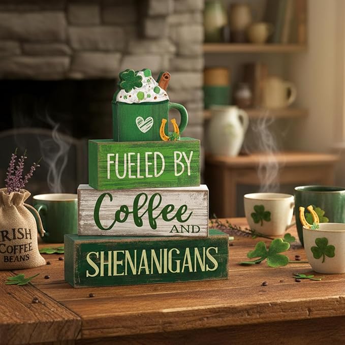 4 Pcs Wooden St. Patrick's Day Decorations Shamrock Hot Cocoa Table Centerpieces Irish Decorative Block Signs Gift Happy St. Patrick's Stacks Wooden Table Decor for Home Tiered Tray