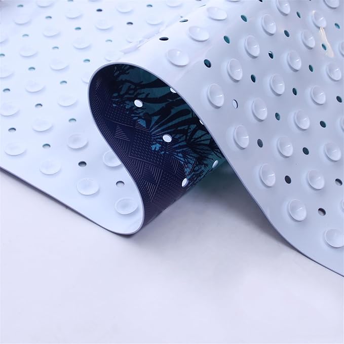 Blue Bathtub Mat Non Slip 40x16in Extra Long Bath Mat for Tub Funny Cute Ocean Animals Anti Slip Shower Mat for Bathroom with Large Drain Holes and Suction Cups Quality Bath Mats and Bathtub Decor