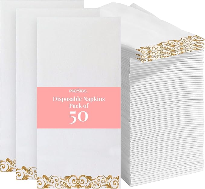 Prestee 50 Pack Disposable Hand Towels for Bathroom - Elegant Linen Feel Paper Napkins, 2-Ply - Absorbent Decorative Guest Towels for Bathroom, Wedding, and Party Use - (White and Gold)