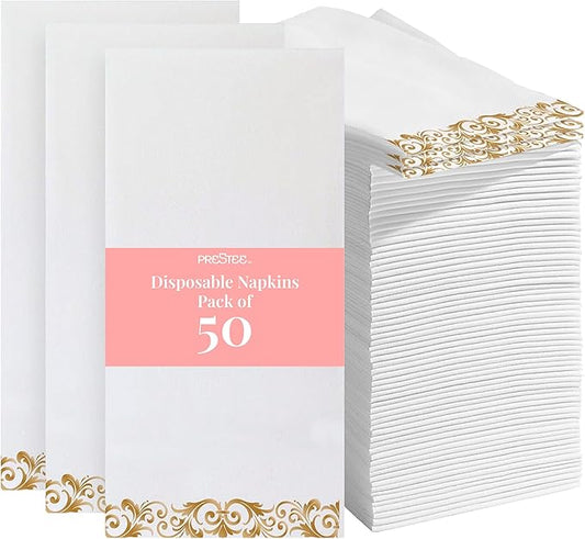 Prestee 50 Pack Disposable Hand Towels for Bathroom - Elegant Linen Feel Paper Napkins, 2-Ply - Absorbent Decorative Guest Towels for Bathroom, Wedding, and Party Use - (White and Gold)