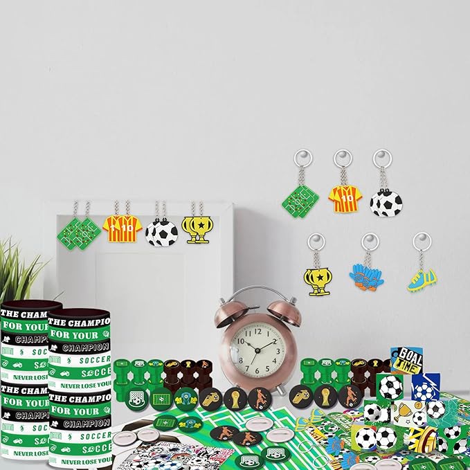 Soccer Party Favors 244 Pcs Soccer Birthday Party Decorations With Goodie Bags Wristbands Stickers Keychains Stamps Slap Bracelets Badges for Soccer Party Supplies (Soccer)