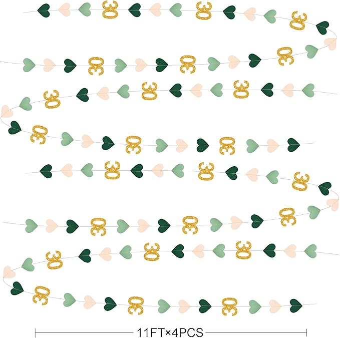 Sage Green Gold 30th Birthday Decorations Sage Green Gold Heart Garland Streamer Banner Backdrop for Women Happy 30th Birthday Dirty Thirty Cheers to 30 Years Old Fabulous Anniversary Party Supplies