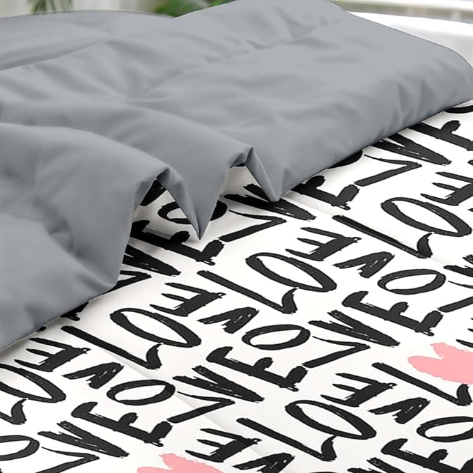 Comforter Set Full Size, Love Heart 7 Pcs Bedding for Kids and Adults, Black and Pink Bedding Sets with Fitted Sheet 2 Pillowcases & 2 Shams for Bedroom Bed Decor