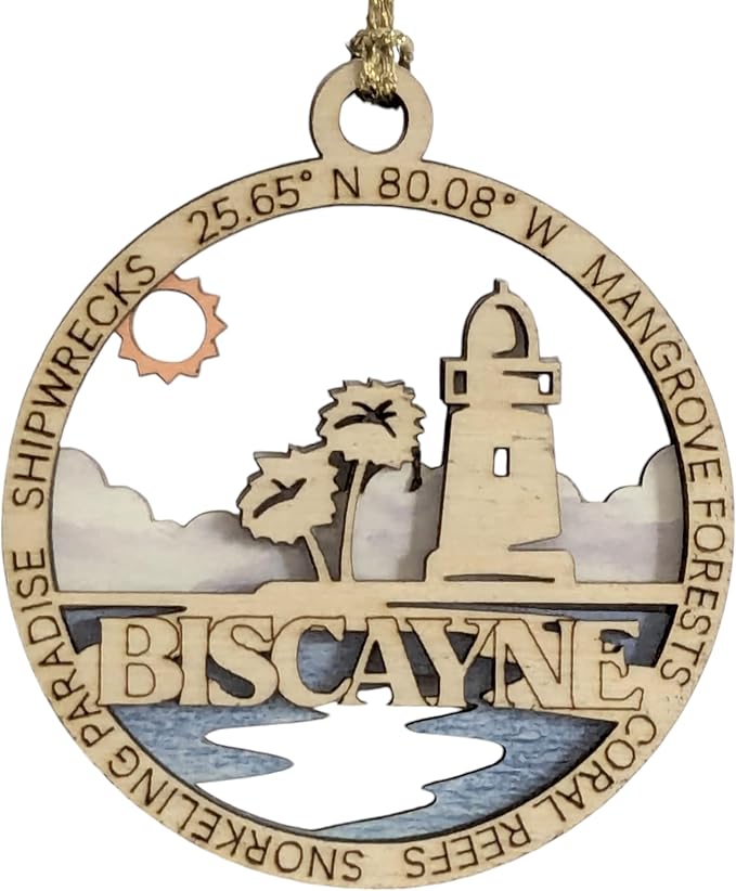 Biscayne National Park Souvenir Handcrafted 3" Lighthouse Ornament - Wood & Full Color Design - Oregon Small Business