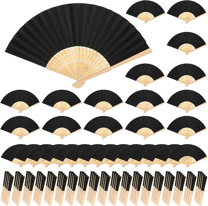 Yinkin 100 Pack Folding Fans Bamboo Handheld Folded Craft Hand Japanese Chinese Fans for Weddings Bridal Dancing Church DIY Decoration Women Kids Gift Party Favors (Black)