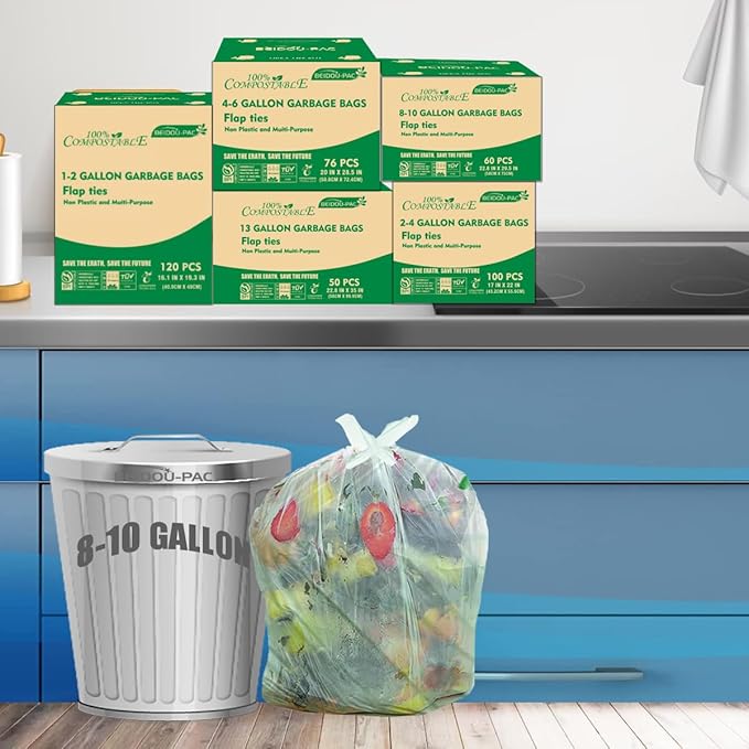 BEIDOU-PAC 8-10 Gallon Flap Tie Compostable Trash Bags, 240 Count, Compost Bags Kitchen Trash Bags, Sturdy Biodegradable Garbage Bags Food Scrap Waste Bags, ASTM D6400, US BPI Certified, Green