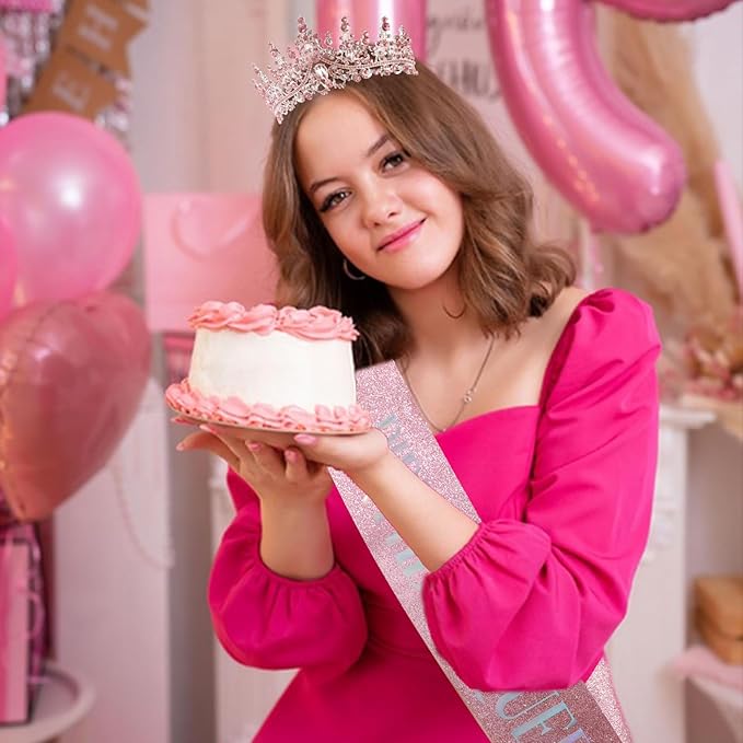 COCIDE Pink Birthday Sash and Crown for Women - Crystal Tiaras Decorations for Girl,Glitter Rhinestone Gifts Headband Sashes Decor,Coronas for Queen,Happy Birthday Accessories Party Favors