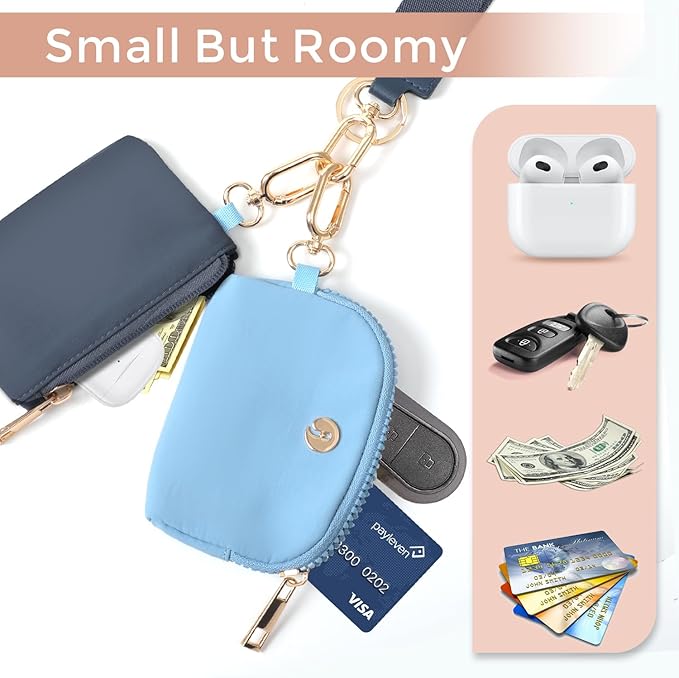 Dual Pouch Wristlet Keychain Wallets for Women with 2 Detachable Zipper Coin Purse - Small and Portable Mini Card Wallet for Women Men Gold Hardware Navy+Sky Blue