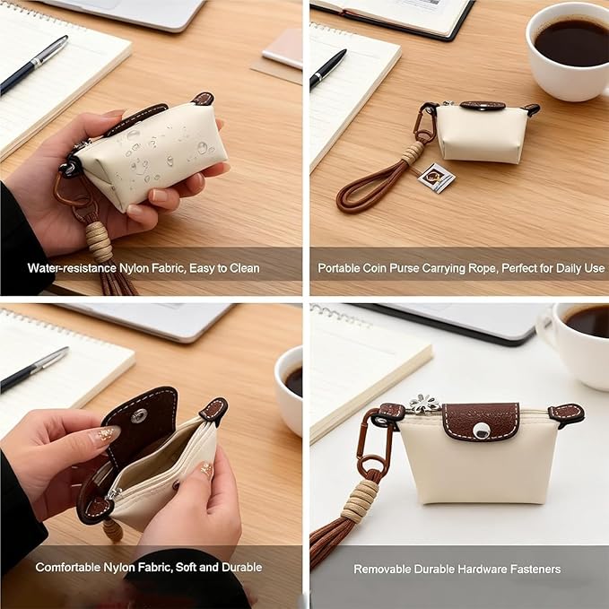 Mini Nylon Dumpling Coin Purse, Mini Nylon Dumpling Bag with Wrist Strap, Lightweight 1.4 OZ(40g), Women’s Cute Change Purse Wallet with Zipper and Keychain, for Cards Keys and Earbuds (3, white)