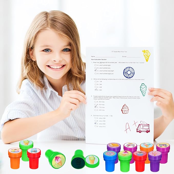 Cinrobiye 24 Pcs Ice Cream Stampers, Candy Donut Party Favors Sweet Themed Birthday Supplies Pre-Inked Classroom Prizes Treat Bag Fillers for Girls Boys Fiesta Pinata Gifts