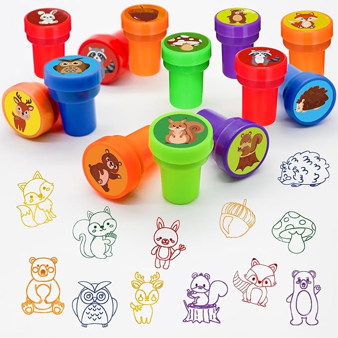 Cinrobiye 24 PCS Woodland Animals Party Stampers，Forest Creatures Birthday Favors for Boys Girls, Classroom Rewards, Carnival Prizes, Goodie Bag & Pinata Fillers, Woodland Party Supplies