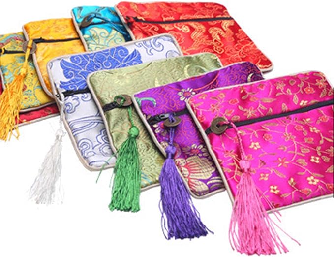 NHW EAVOQLB 16 pcs Traditional Brocade Embroidery Fringed Wallet Zipper Jewelry Bag Value Set